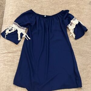 Auditions Dark Blue Blouse with Cream Lace Details